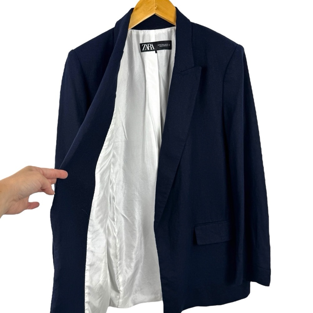 Zara Navy Blue Linen Blend Open Front Blazer Jacket Size Medium Striped Lining - Picture 7 of 16